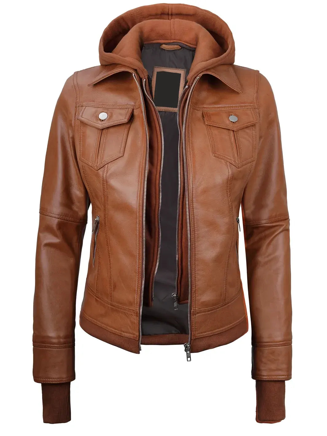 Tralee Womens Tan Wax Bomber Leather Jacket With Removable Hood