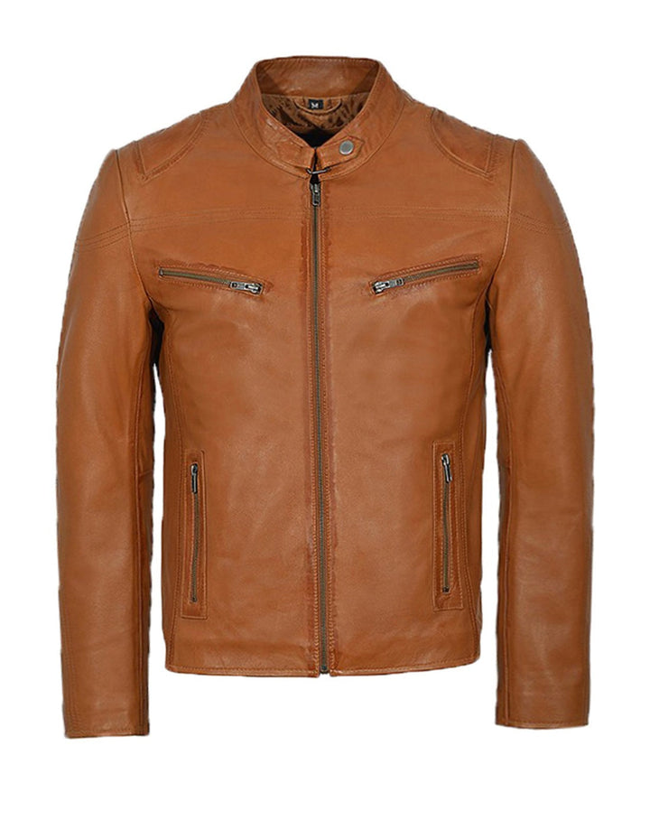 Distressed Tan Leather Motorcycle Jacket For Men