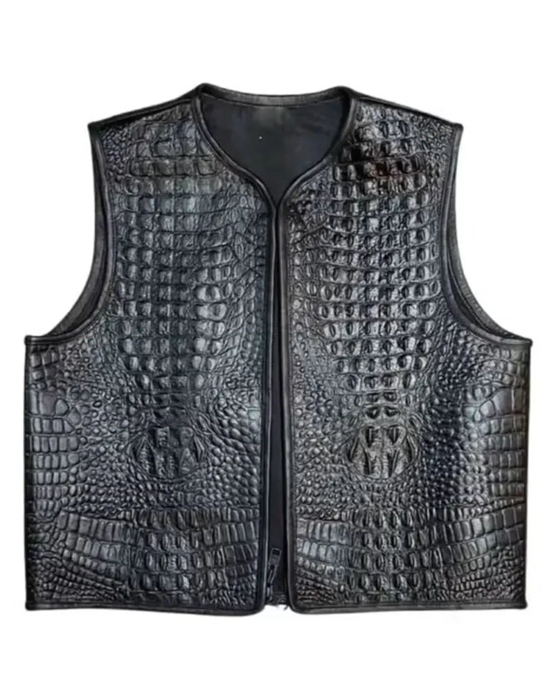 Men’s Black Embossed Biker Leather Vest