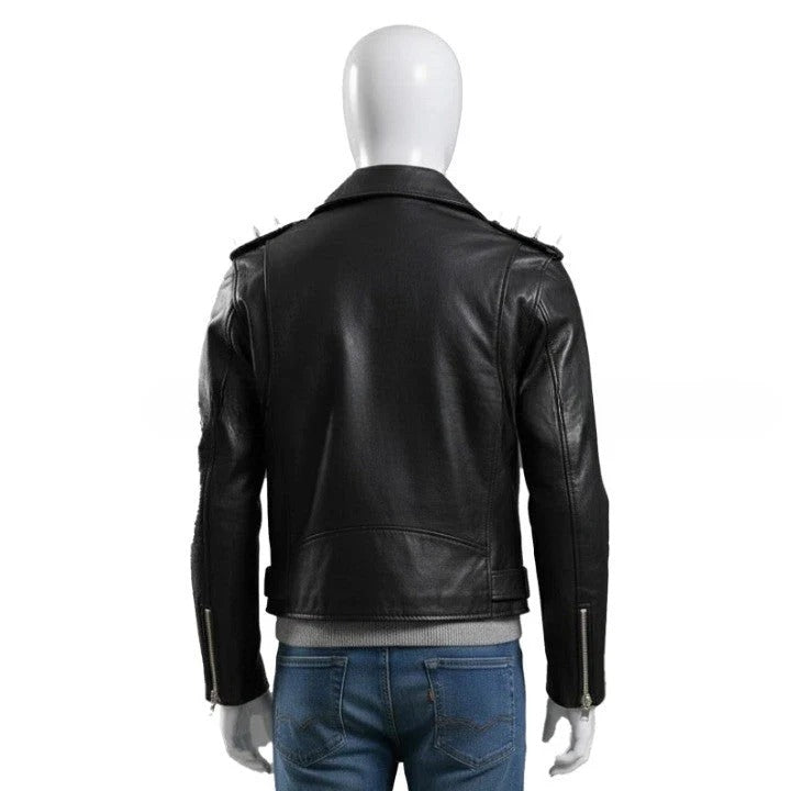 Genuine Leather Black Biker Jacket with Studded Shoulder Details