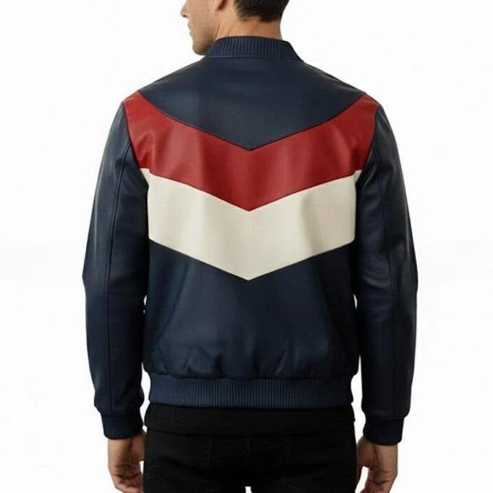 Mens Genuine Leather Bomber Jacket Navy Red Cream Panel Design