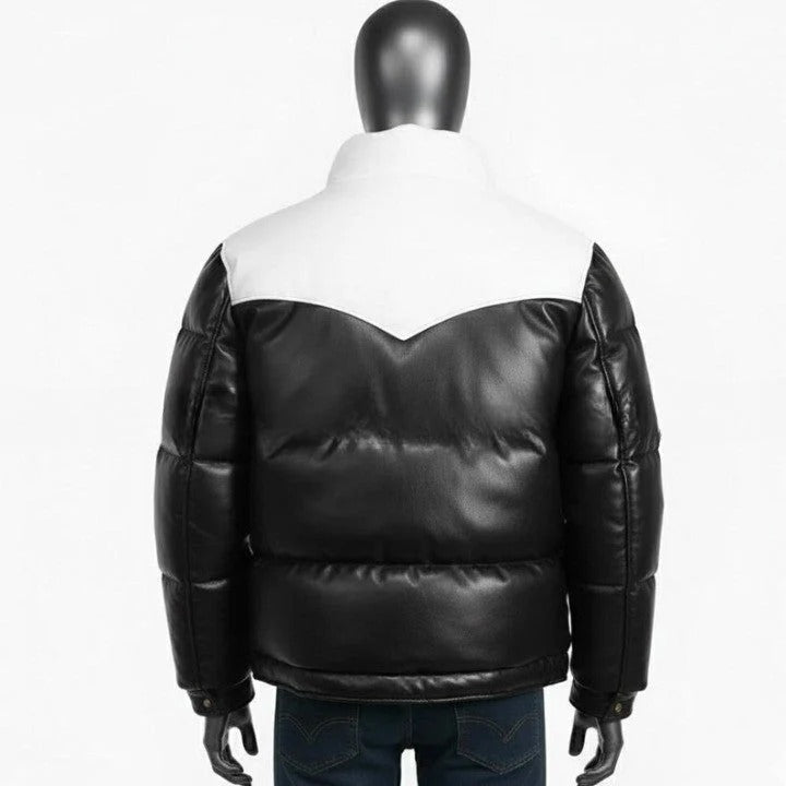 Black Padded Jacket with White Yoke Detail For Men Genuine Leather Puffer Coat
