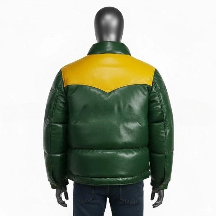 Mens Green Leather Puffer Jacket Yellow Yoke Winter Coat