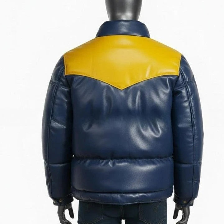 Blue Puffer Jacket with Yellow Shoulder Panels for Men Genuine Leather Puffer Coat