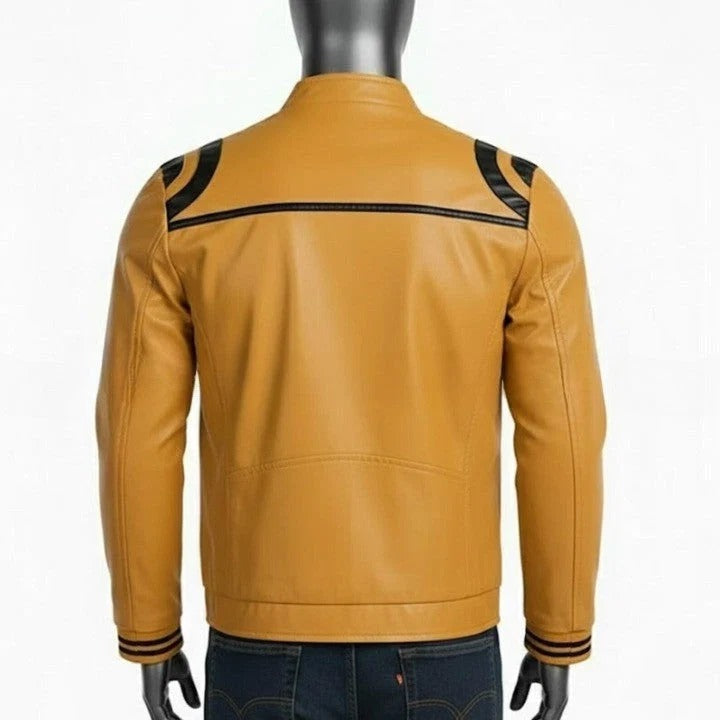 Mens Tan Genuine Leather Jacket High Neck Front Pockets