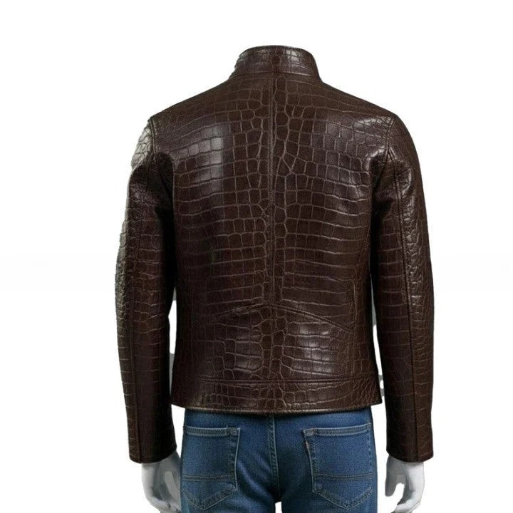 Mens Croc Embossed Genuine Leather Jacket Slim Fit Stand Collar