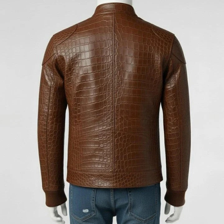 Mens Brown Crocodile Embossed Genuine Leather Jacket Slim Fit