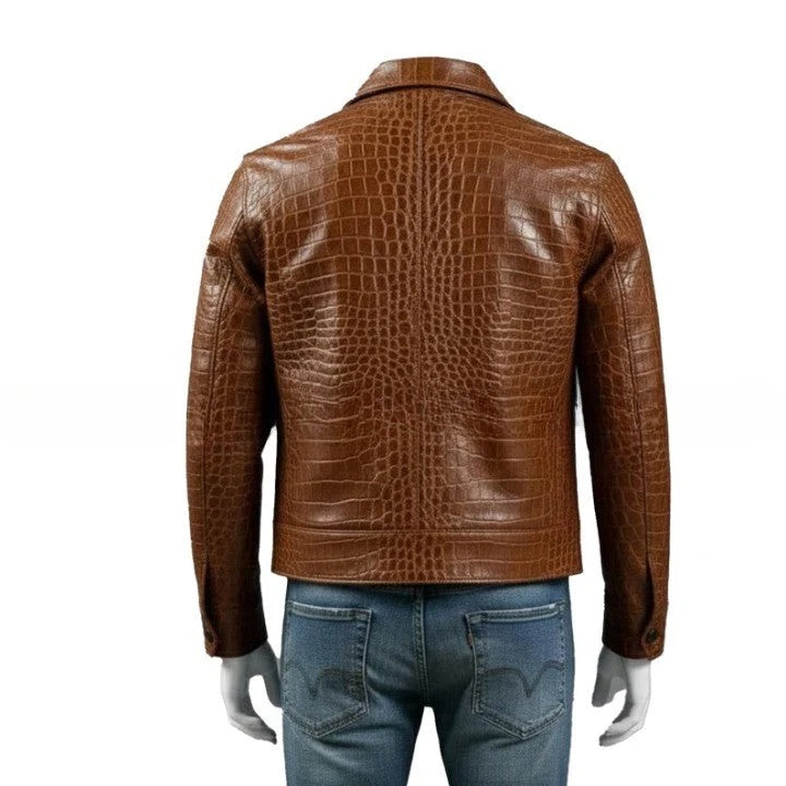 Mens Brown Crocodile Texture Genuine Leather Jacket