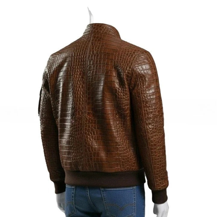 Mens Brown Textured Leather Jacket Handmade Zip Up Coat