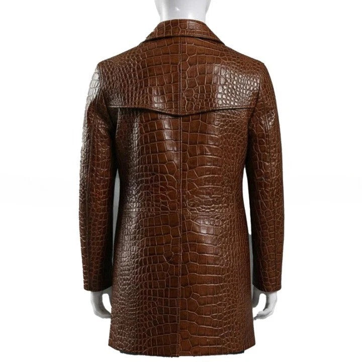 Mens Brown Croc Embossed Coat Genuine Leather Button Front Jacket Handmade Long Leather Outerwear