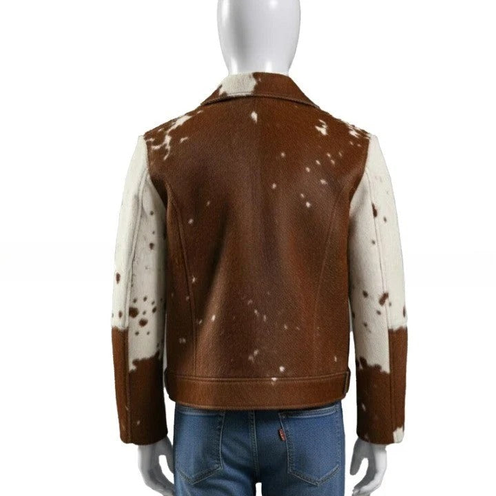 Mens Chestnut Brown Zip Leather Jacket with Speckled Contrast Panels Refined Casual Outerwear