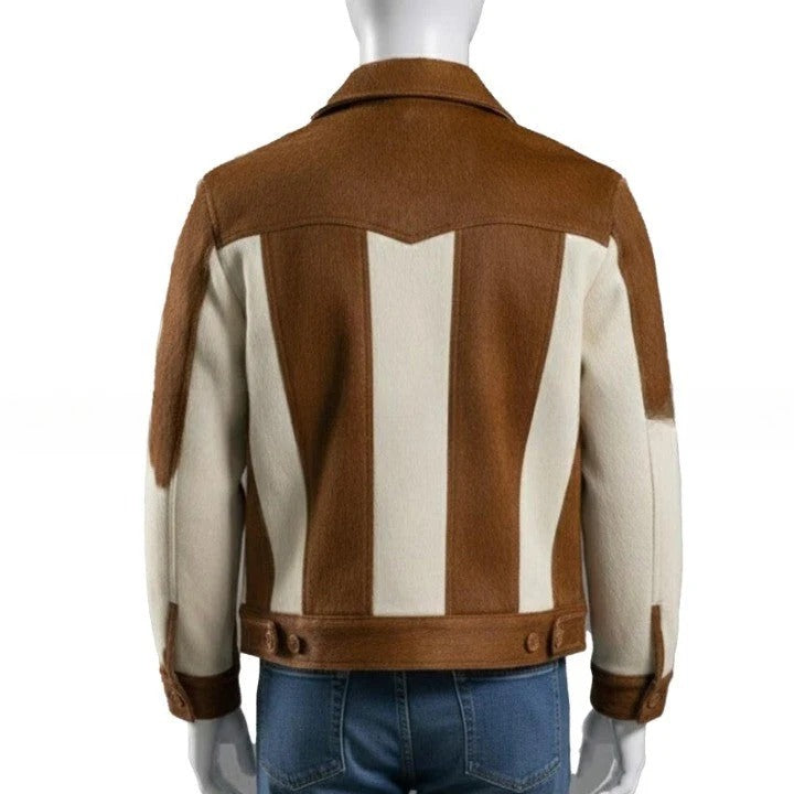 Mens Brown Cream Cowhide Style Leather Jacket Handmade Patchwork Western Jacket