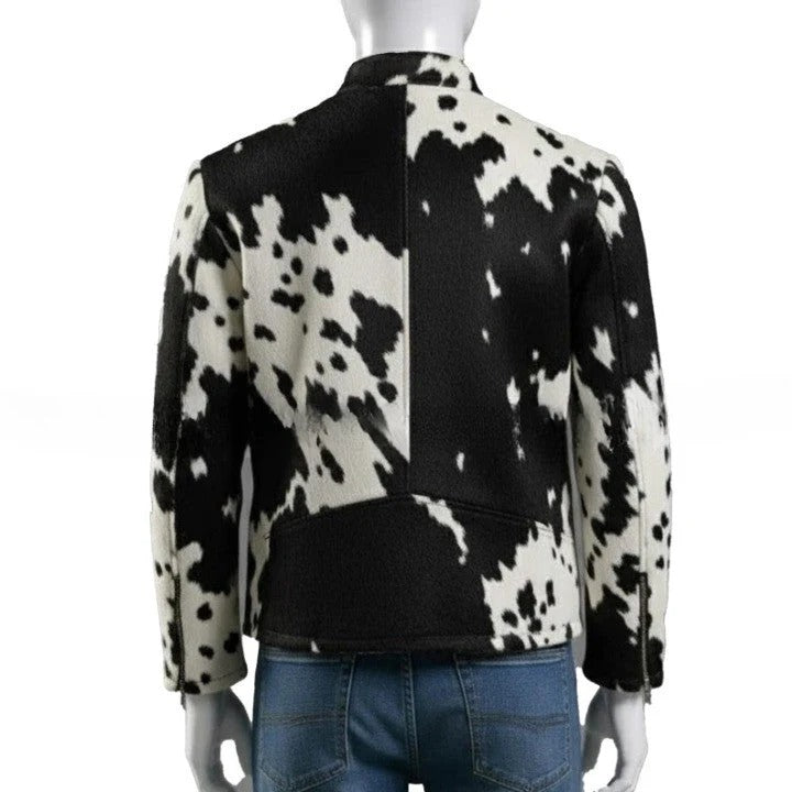 Mens Hair On Cowhide Leather Jacket Black White Trucker Style