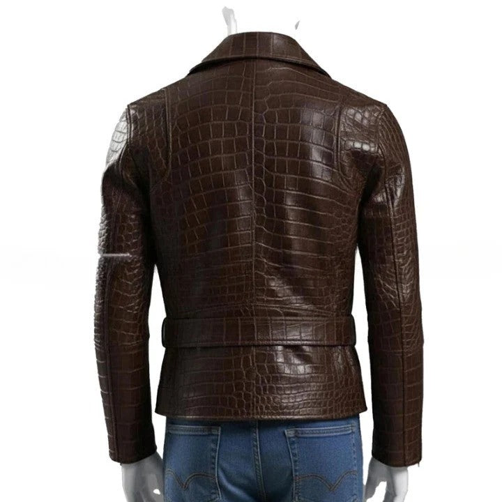 Embossed Brown Leather Moto Jacket Asymmetrical Zip Belted Waist