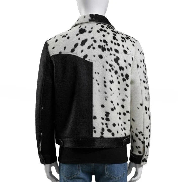 Mens HairOn Cowhide Leather Trucker Jacket Black and White Panel, Handmade