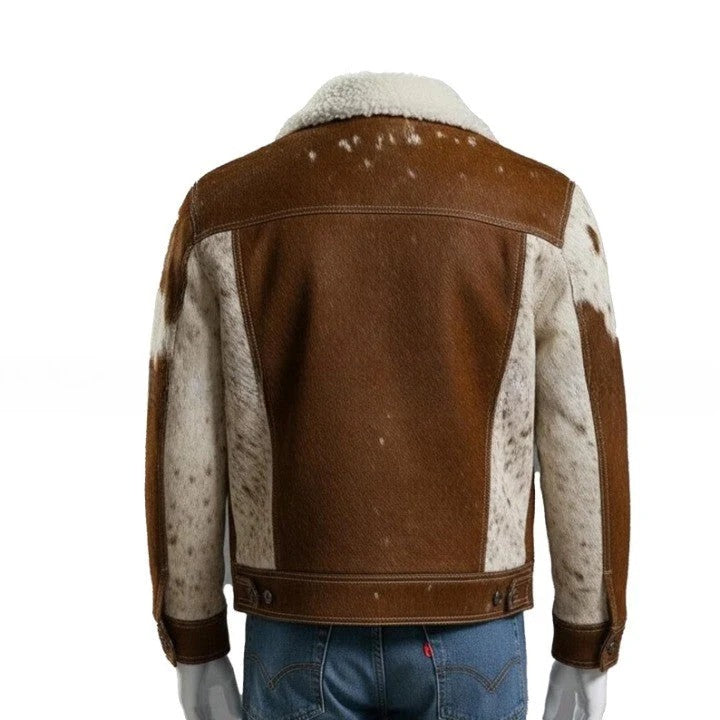 Mens Brown Cream Cowhide Style Leather Jacket Handmade Pathwork Western Jacket