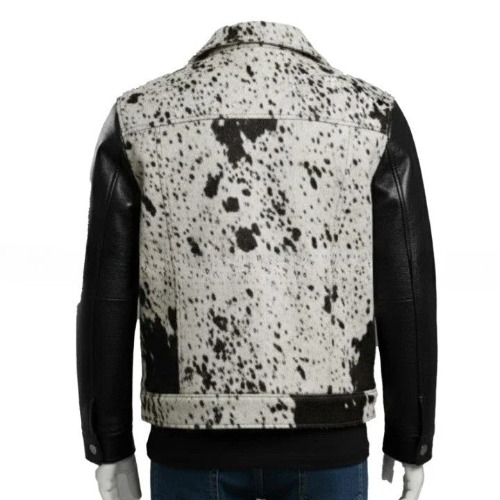 Mens Black and White Textured Leather Jacket with Modern Panel Design and Button Front