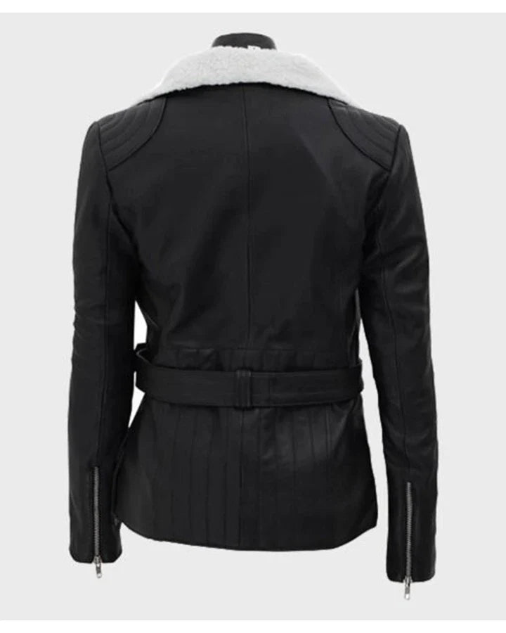 Natalie Shearling Leather Black Belted Biker Jacket