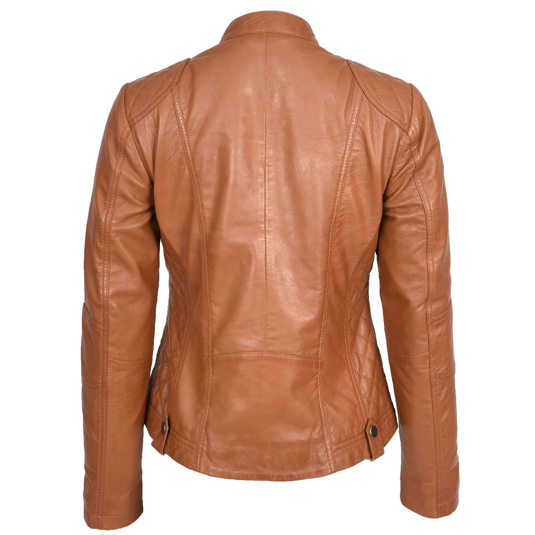 Women’s Tan Leather Moto Jacket – Slim Fit Zip-Up Biker Style
