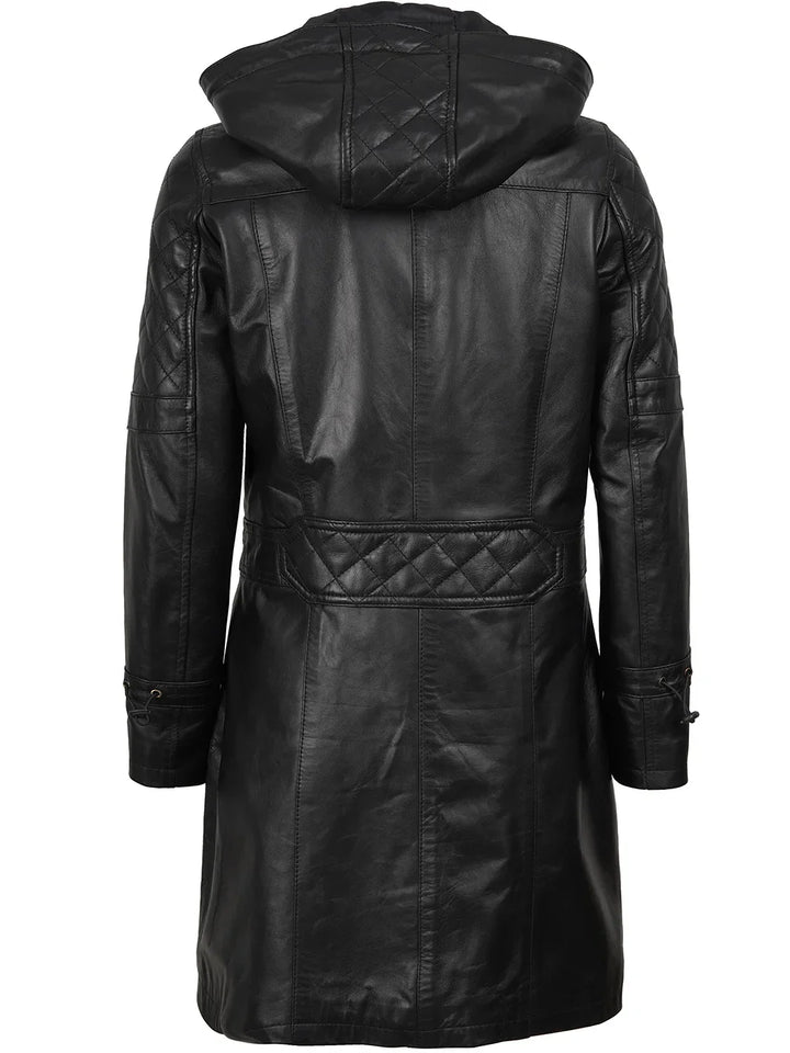Women’s Black 3/4 Length Leather Coat With Hood