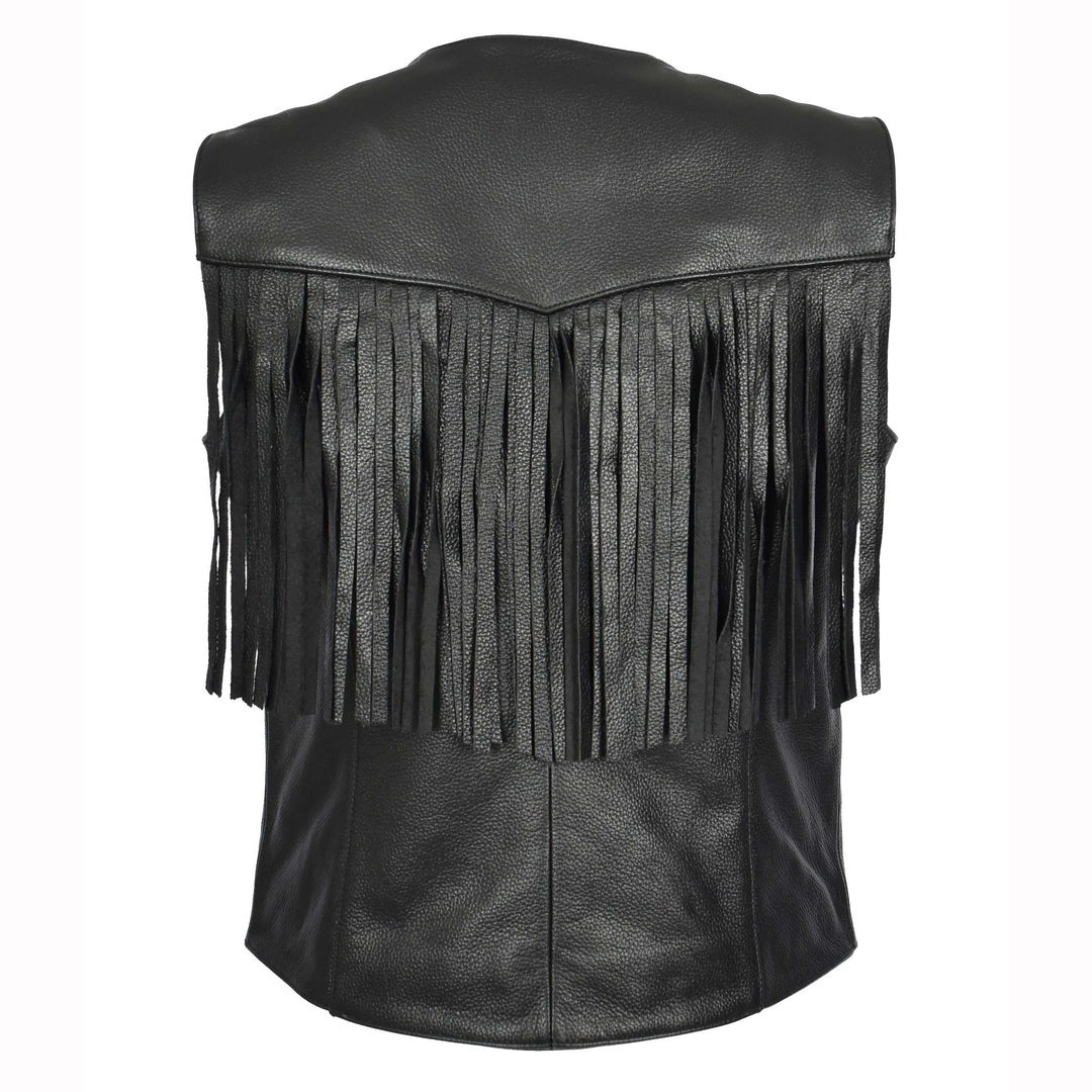 Women's Black Cowhide Leather Waistcoat Rider Biker Style with Fringe Details