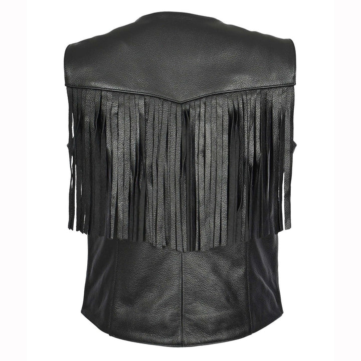 Women's Black Cowhide Leather Waistcoat Rider Biker Style with Fringe Details