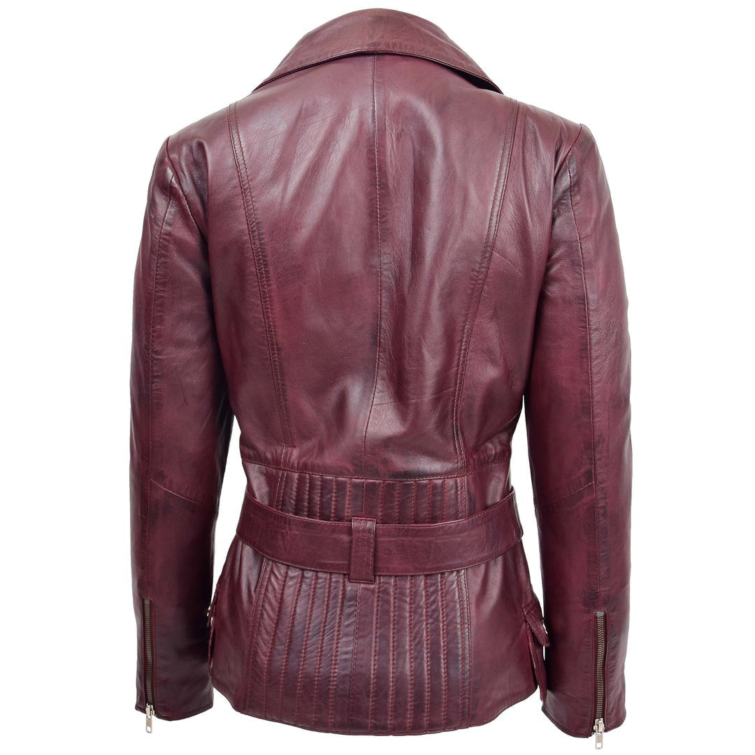 Womens Leather Hip Length Biker Jacket Celia Burgundy