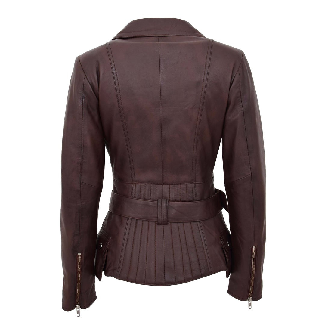 Womens Leather Hip Length Biker Jacket Celia Brown