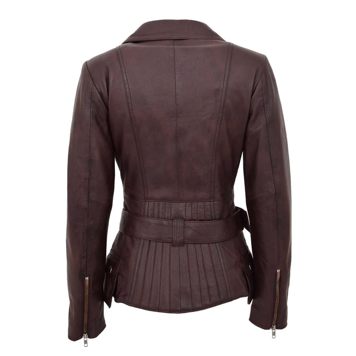 Womens Leather Hip Length Biker Jacket Celia Brown