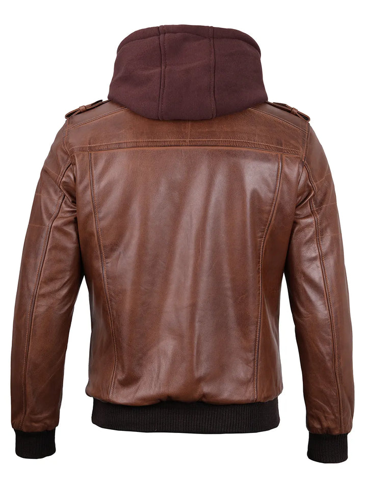 Edinburgh Mens Brown Bomber Leather Jacket With Removable Hood