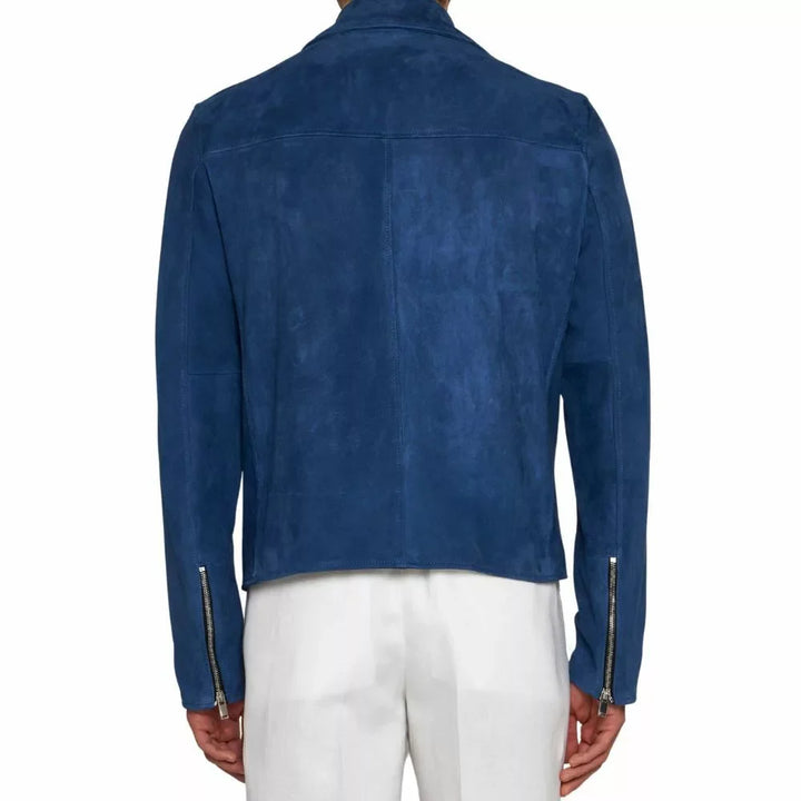 Mens Blue Suede Biker Leather Jacket