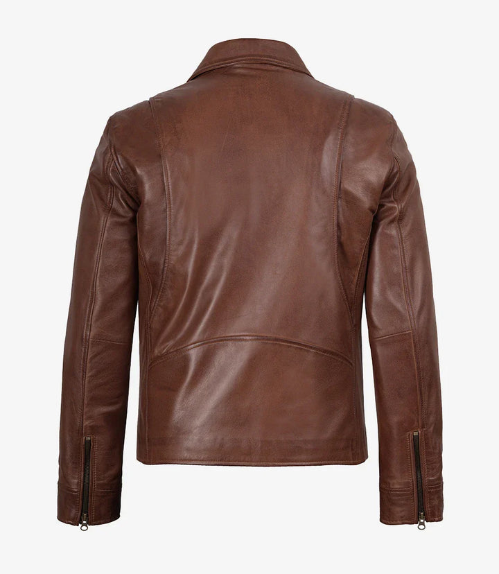 Men's Cognac Brown Leather Shirt Collar Jacket