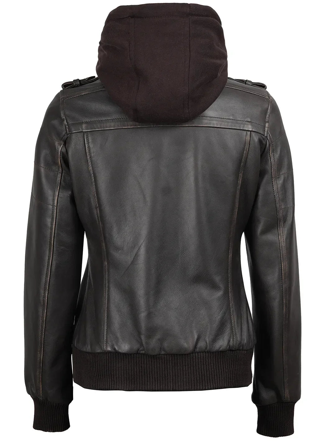 Women's Dark Brown Rub Off Leather Jacket with Removable Hood