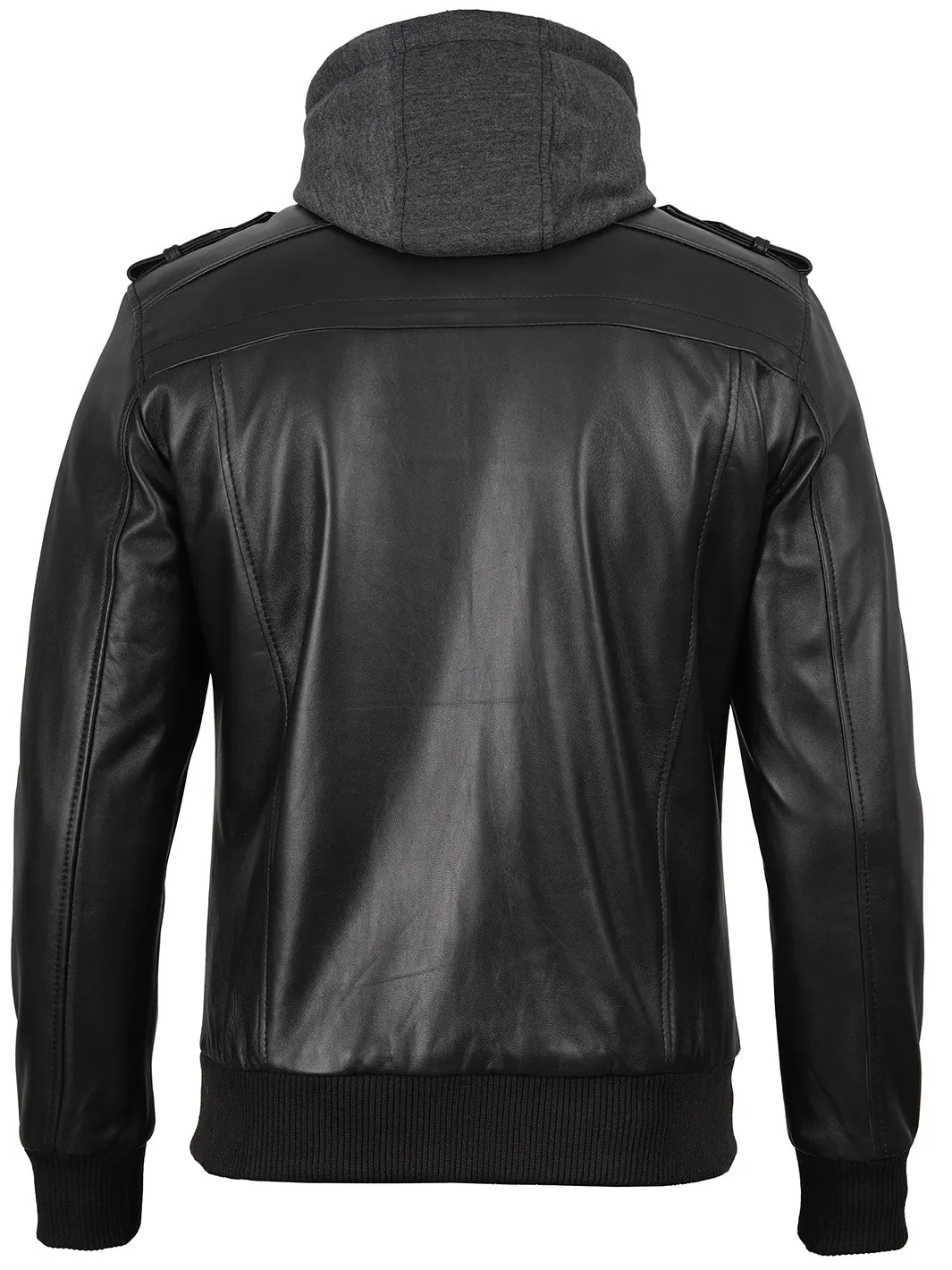 Men's Black Bomber Leather Jacket with Removable Hood