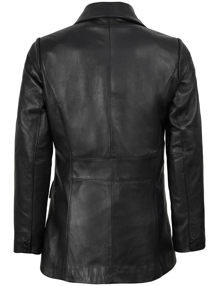 Women's Black Two-Button Real Leather Blazer