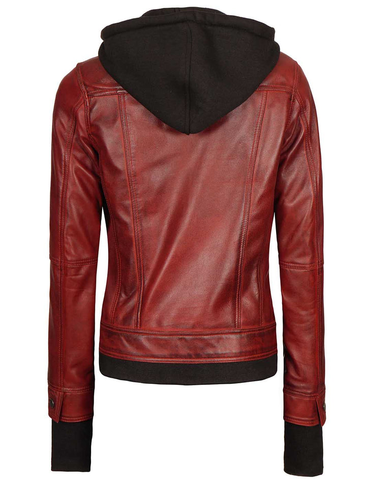 Tralee Women's Maroon Bomber Leather Jacket with Hood