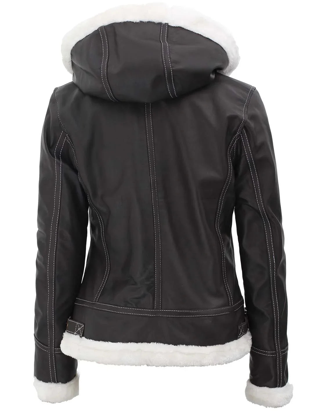 Womens Shearling Dark Brown Bomber Leather Jacket with Removable Hood