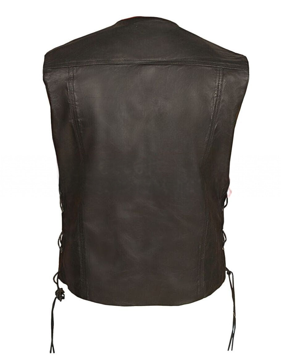 Mens Black Genuine Leather Vest with Red Lining