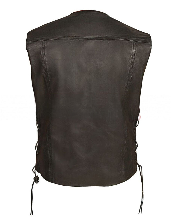 Mens Black Genuine Leather Vest with Red Lining