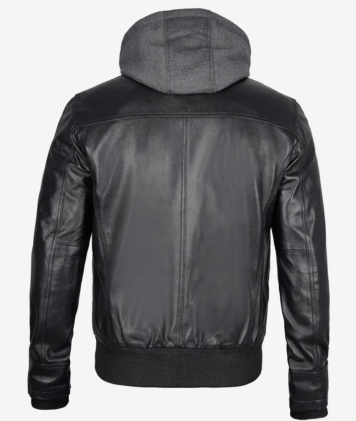 Mens Black Bomber Leather Jacket with Removable Hood