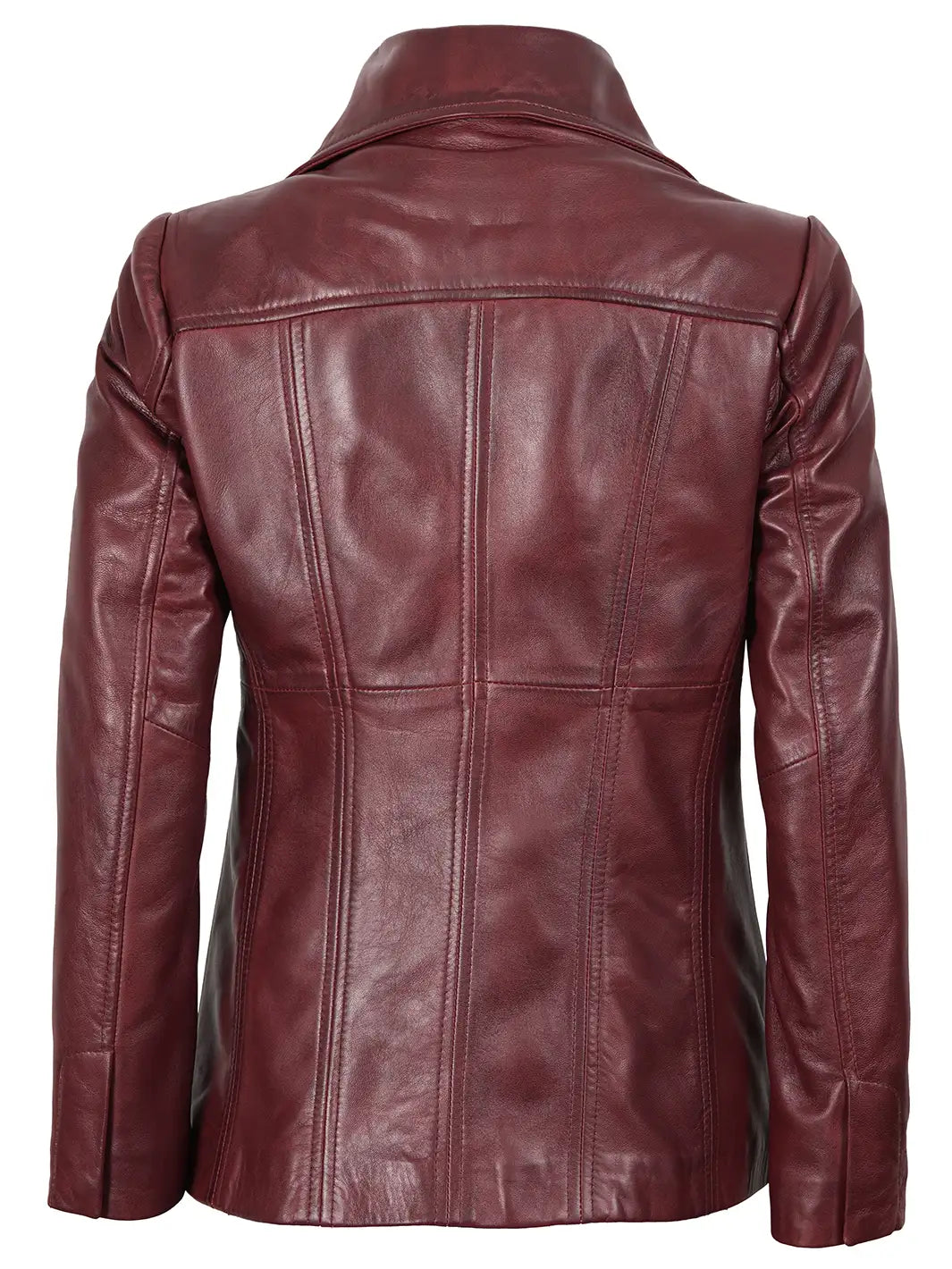 Women's Real Leather Burgundy Blazer with Three Button