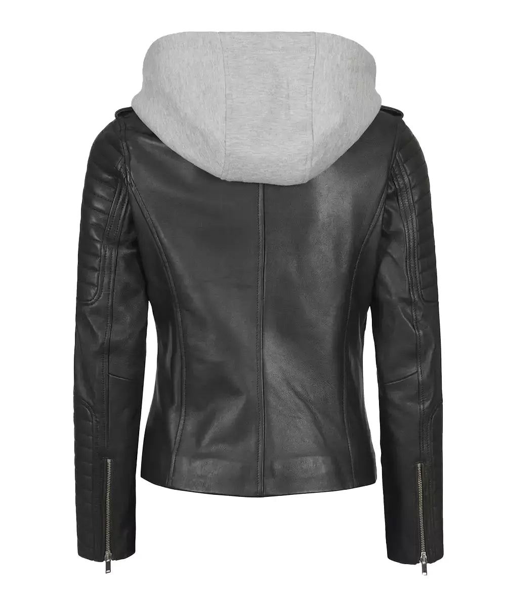 Womens Black Leather Biker Jacket With Removable Hood