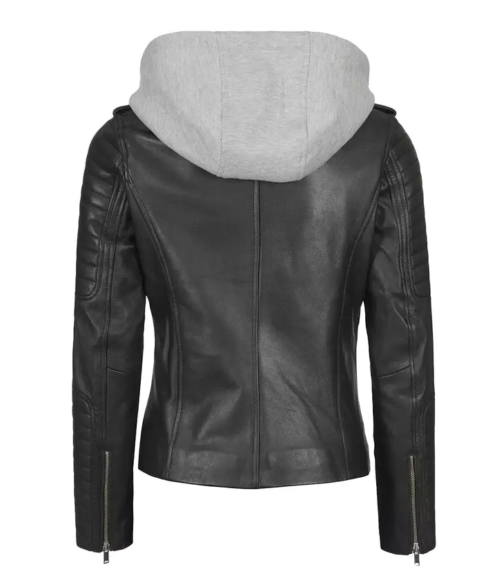 Womens Black Leather Biker Jacket With Removable Hood