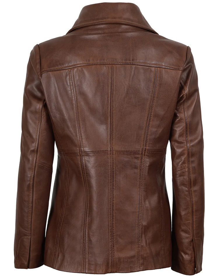 Women's Three Button Cognac Brown Leather Blazer