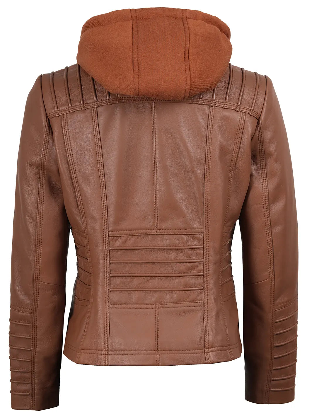 Women's Cognac Brown Leather Jacket With Removable Hood