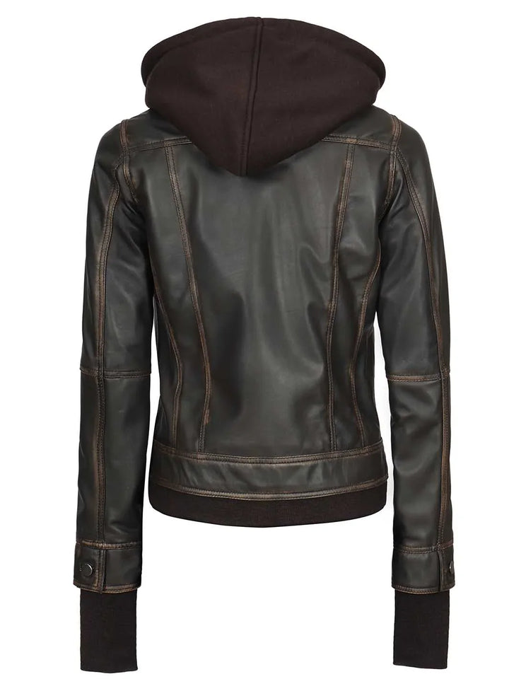Tralee Women Dark Brown Bomber Leather Jacket With Removable Hood