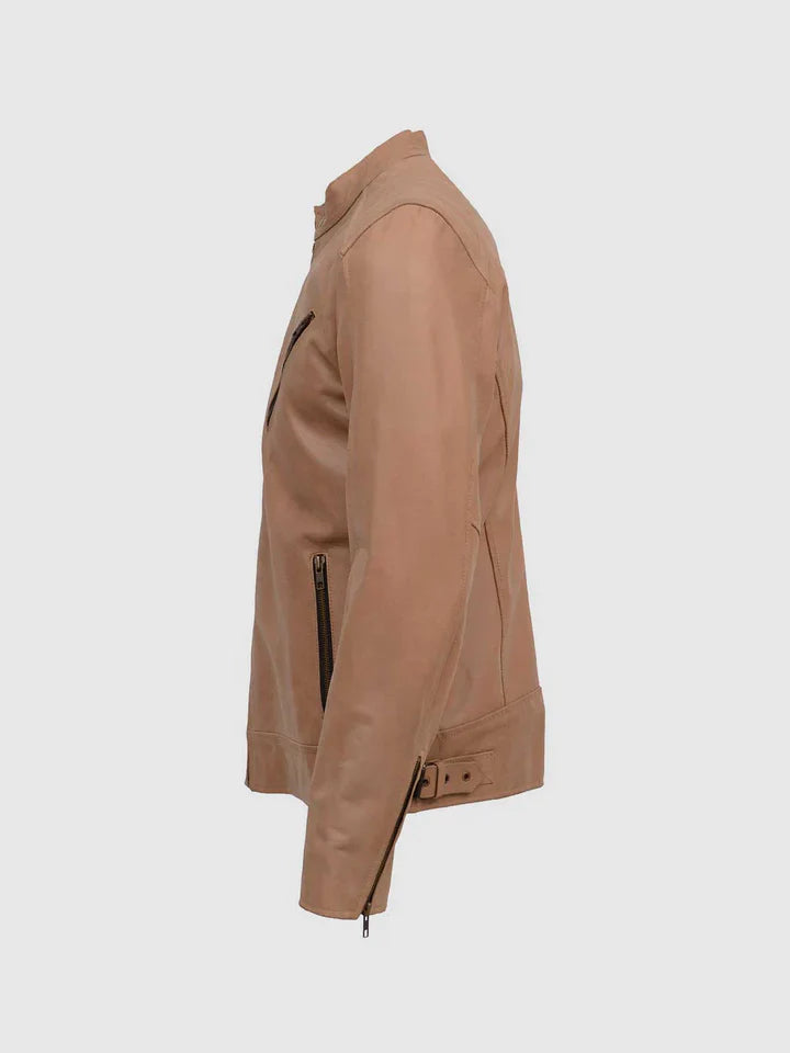 Beige Leather Biker Jacket