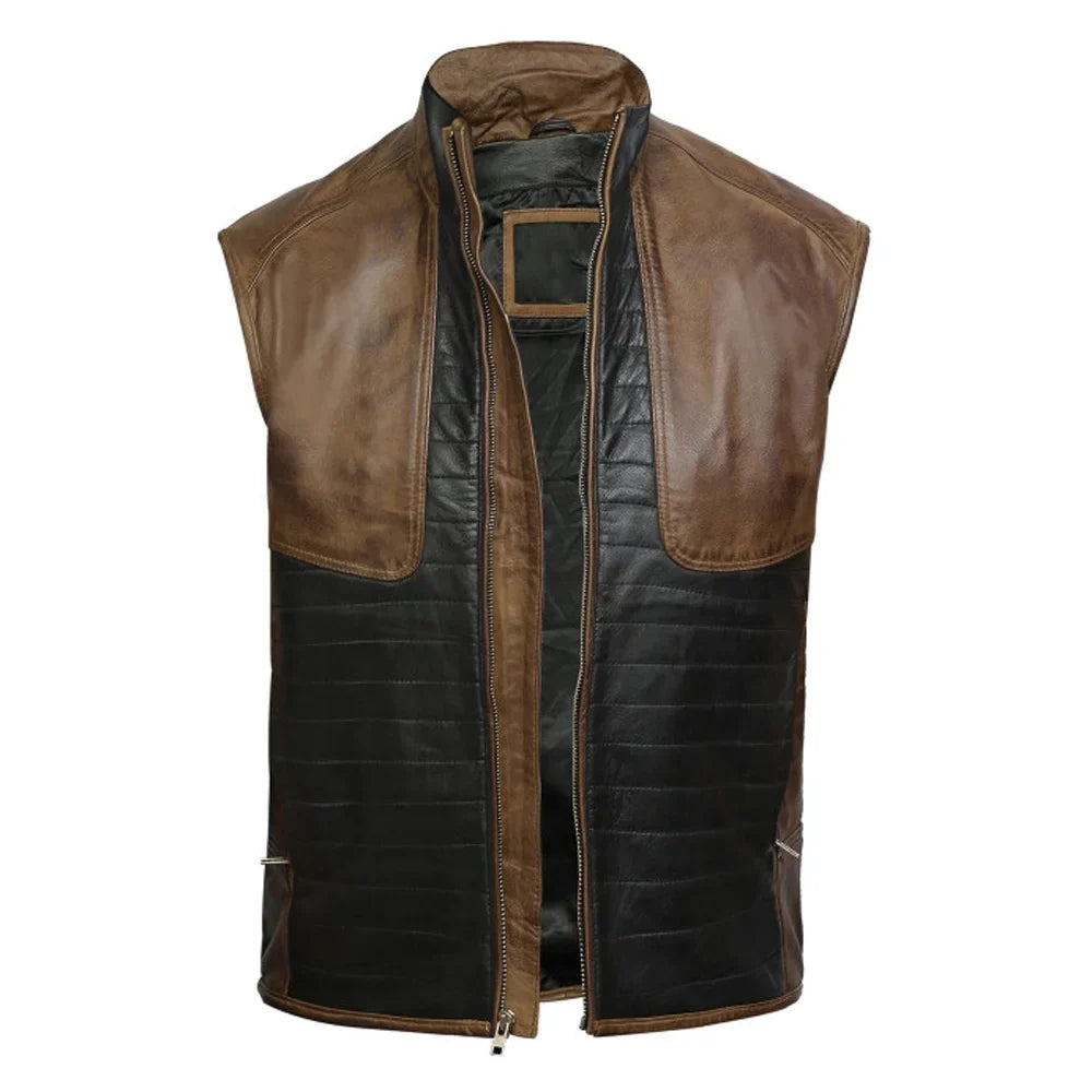 Men Brown & Black Leather Vest