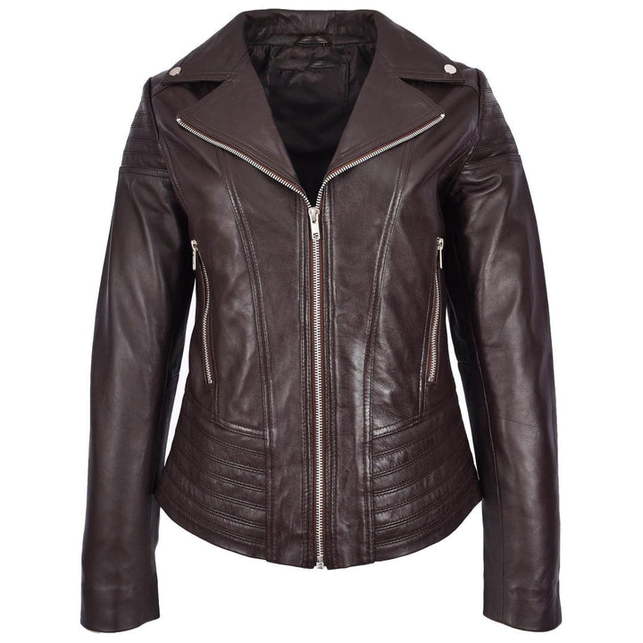 Womens Real Leather Biker Jacket Trendy Fitted Casual Style Emily Brown