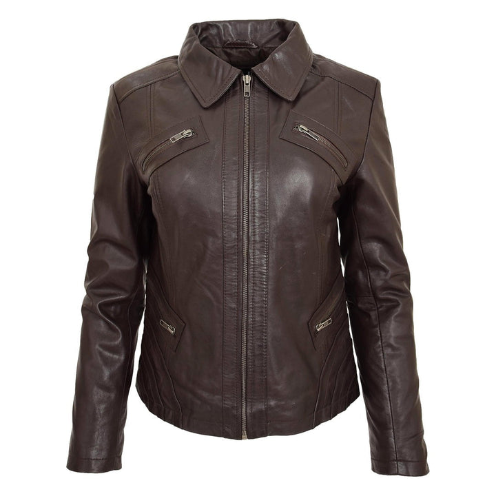 Womens Classic Leather Biker Zip Box Jacket Nova Brown